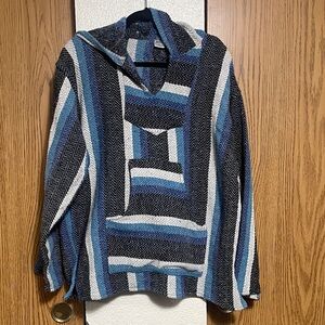Men's Striped Hooded Sweater in Blue, Black, and White